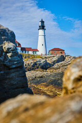 Fototapeta na wymiar Lighthouse in Maine through soft focused rocks