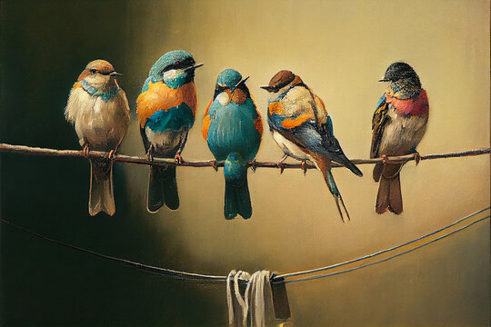 Birds on a wire oil painting generative art