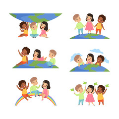 Earth Globe Day with Happy Kids and Sphere as Green Planet Protection Vector Set