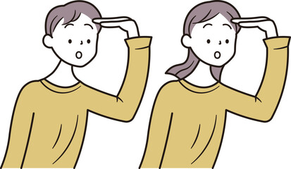 遠くを見ているアジア人の男性と女性のイラスト素材