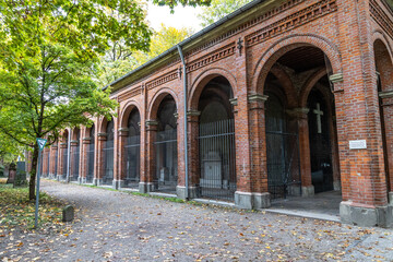 View of famous Old North Cemetery of Munich, Germany with historic gravestones.