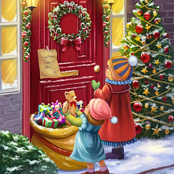 illustration of two girls outside the house on Christmas Eve 