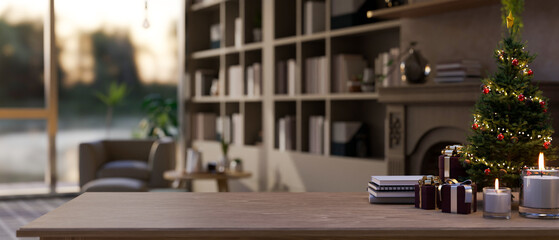 Copy space is on wooden tabletop with Christmas decoration against cozy Scandinavian living room