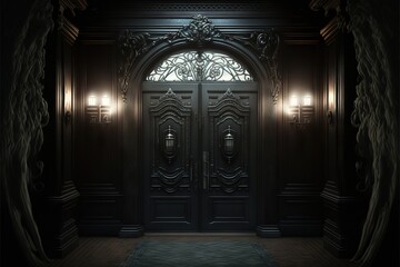 Fototapeta na wymiar Big Black Mysterious Door, Hidding Secrets Behind It