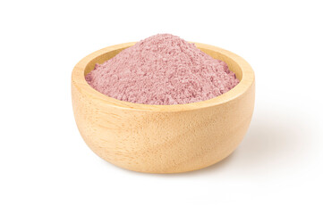 Fruity protein powder in wooden bowl isolated on white background.