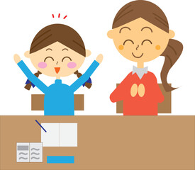 家庭教師に教えてもらっている子供・母親と勉強する女の子・自宅学習・イラスト・個人指導の塾