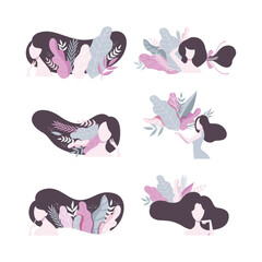 Young Woman in Lush Flowers and Foliage Enjoying Fresh Nature Vector Set