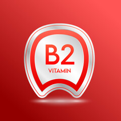 Vitamin B2 shield red. Protect the body stay healthy. For nutrition products food. Metal aluminum label 3d isolated realistic on solid background. Medical scientific concepts. Vector illustration.