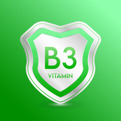 Vitamin B3 shield green. Protect the body stay healthy. For nutrition products food. Metal aluminum label 3d isolated realistic on solid background. Medical scientific concepts. Vector illustration.