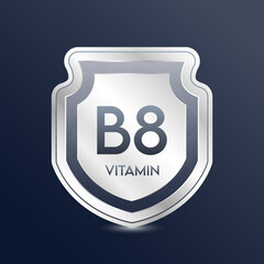 Vitamin B8 shield black. Protect the body stay healthy. For nutrition products food. Metal aluminum label 3d isolated realistic on solid background. Medical scientific concepts. Vector illustration.