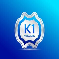 Vitamin K1 shield blue. Protect the body stay healthy. For nutrition products food. Metal aluminum label 3d isolated realistic on solid background. Medical scientific concepts. Vector illustration.