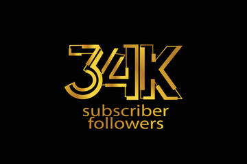 34K, 34.000 subscribers or followers blocks style with gold color on black background for social media and internet-vector