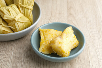 Lepet Jagung is a traditional Indonesian snack, made from corn and grated coconut and wrapped in corn husks and steamed.
