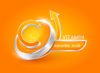 Vitamin C in circle shape orange with arrow. Used for designing dietary supplements or beauty products. Medical concepts. Isolated 3d icon. Vector EPS10 illustration. - obrazy, fototapety, plakaty