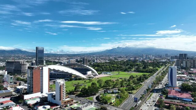 Aerial view of La Sabana Park and Costa Rica National Stadium with San Jose, Costa Rica in the background