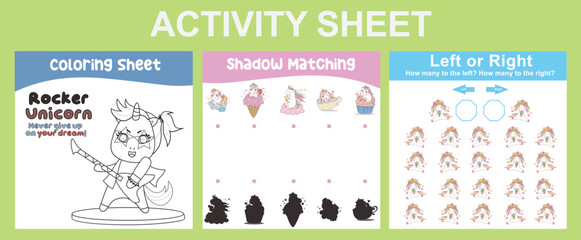 3 in 1 Activity Sheet for children. Educational printable worksheet for preschool. Coloring, shadow matching, left or right activity. Vector illustrations. 