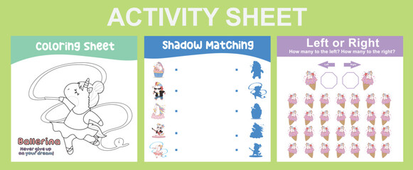 3 in 1 Activity Sheet for children. Educational printable worksheet for preschool. Coloring, shadow matching, left or right activity. Vector illustrations. 