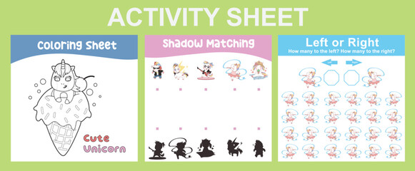 3 in 1 Activity Sheet for children. Educational printable worksheet for preschool. Coloring, shadow matching, left or right activity. Vector illustrations. 