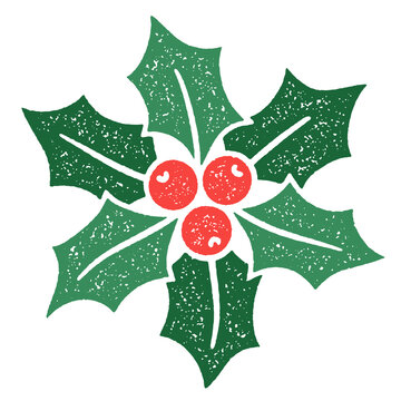 recommend clip art: Three-color textured vector illustration of Christmas holly. Six leaves arranged in a star shape with berries in the middle.