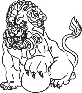 Back and white Lucky Chinese lion illustration on black background.
