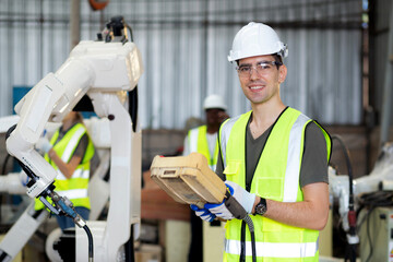 Young caucasian engineer man using remote control with ai robot machine arm automatic for...