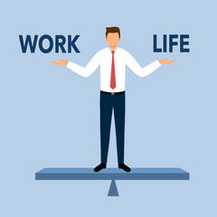 Work life balance concept vector illustration. Man standing on scale in flat design.