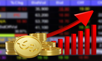 graphics design gold coin dollar and chart bar with Stocks chart monitor blurred background concept financial investment