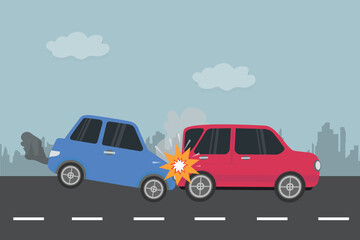 Fototapeta na wymiar Cars Accident on road. The car collides with another car from behind. Auto accident, motor vehicle crash. Flat style minimal vector illustration. 