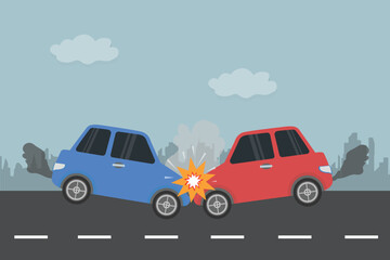 Obraz na płótnie Canvas Cars Accident on road. Car collision with another car. Auto accident, motor vehicle crash. Flat style minimal vector illustration. 