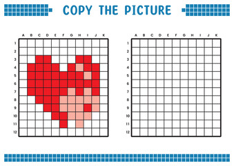 Copy the picture, complete the grid image. Educational worksheets drawing and coloring with squares. Children's preschool activities. Cartoon vector, pixel art. Illustration of a heart or love symbol.