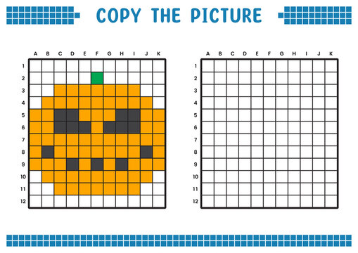 Copy the picture, complete the grid image. Educational worksheets drawing with squares, coloring cell areas. Children's preschool activities. Cartoon vector, pixel art. Halloween pumpkin illustration.