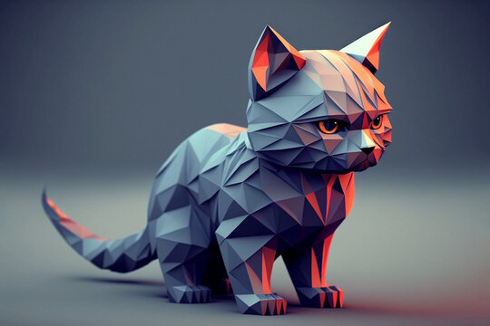 Cute 3d low polygon count rendering of a domestic cat against a plain background. Generative AI