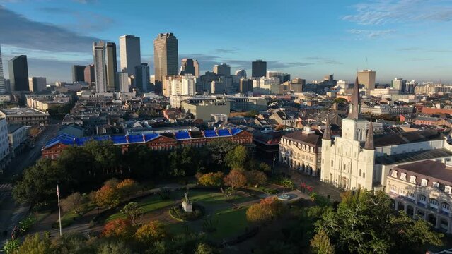 St Louis Cathedral and New Orleans Louisiana skyline. NOLA aerial view.
