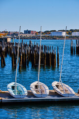 Trio of three small boats on dock with old pilings in background