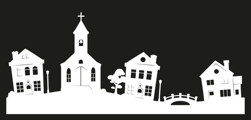 Stencil of winter town with small houses, temple, tree, fence, bridge and lanterns. Tiletable vector silhouette of christmas or New Year decoration. Template for paper on black background. Stencil for