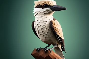 Closeup portrait of an Australian Kookaburra perching in the form of a low polygon count 3D render. Colored, plain background. Generative AI