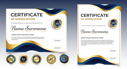 Certificate of appreciation template, gold and blue color. Clean modern certificate with gold badge. Certificate border template with luxury and modern line pattern. Diploma vector template