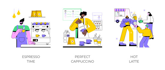 Obraz na płótnie Canvas Coffee culture isolated cartoon vector illustrations set. Professional barista preparing espresso in a coffee shop, making cappuccino, group of girls drinking latte, hot drink vector cartoon.