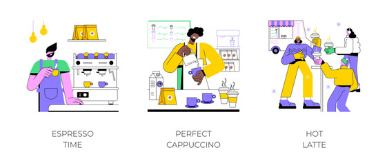 Coffee culture isolated cartoon vector illustrations set. Professional barista preparing espresso in a coffee shop, making cappuccino, group of girls drinking latte, hot drink vector cartoon.