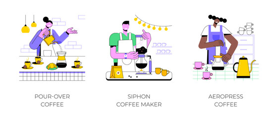 Specialty coffee isolated cartoon vector illustrations set. Professional barista making pour-over, siphon maker device, third wave, aeropress coffee, alternative brewing method vector cartoon.
