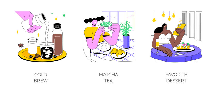 In a coffee shop isolated cartoon vector illustrations set. Barista making cold brew coffee, young girl drinking matcha tea in the cafe, taking pictures of dessert with smartphone vector cartoon.