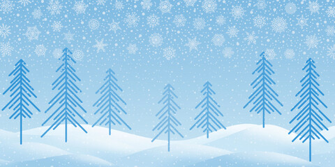 Winter landscape, snow drifts and trees, snowfall and snowflakes, vector illustration