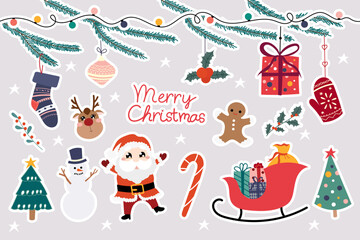 Merry Christmas Calligraphy. Sticker set with cute seasonal elements. Colorful Illustration in flat Cartoon isolated on Light Beige Background. Santa Claus, Ginger Bread, and a lot of Holiday Symbols.