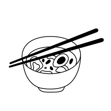 Traditional japanese miso soup with noodles and chopsticks. Simple doodle illustration. Asian food ink sketch isolated on white