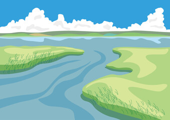Obraz na płótnie Canvas 入道雲と夏の湿原のイラスト01
