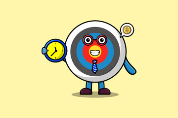 Cute cartoon Archery target character holding clock illustration with happy expression