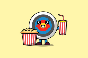 Cute cartoon Archery target with popcorn and drink ready to watching film in cinema