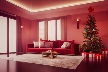 Interior of bright modern living room with fireplace, chandelier and comfortable sofa decorated with Christmas tree and gifts