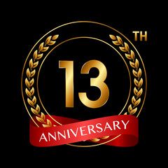 13th Anniversary. Anniversary Logo Design with Laurel Wreath and Red Ribbon for Celebration Event, Wedding, Invitation, Greeting Card. Logo Vector Illustration