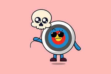 Cute cartoon Archery target floating with skull balloon in flat cartoon vector icon illustration